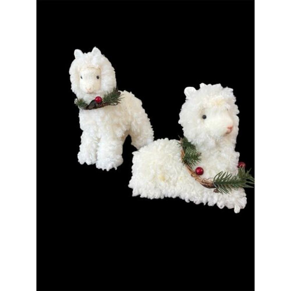 Set Of 2 Fluffy Christmas Holiday 6” Alpaca Llama Tabletop Decor Lot
